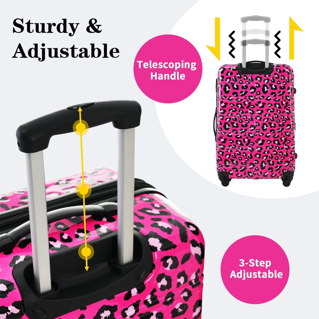 Merax Leopard Print Luggage Sets, 3 Piece Durable Suitcase Set with Spinner Wheels,Large Checked Travel Suitcases and Carry On Travel Luggage, 100% PC, TSA Lock,Hot Pink(20in/24in/28in)