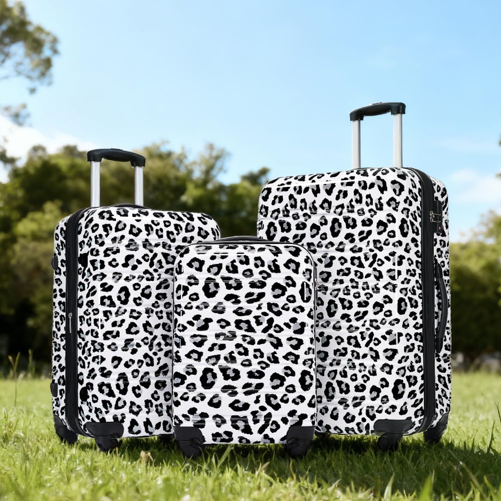 Merax Leopard Print Luggage Sets, 3 Piece Expandable Suitcase Set with Spinner Wheels,Large Checked Travel Suitcases and Carry On Travel Luggage, 100% PC, TSA Lock,White+Black(20in/24in/28in)
