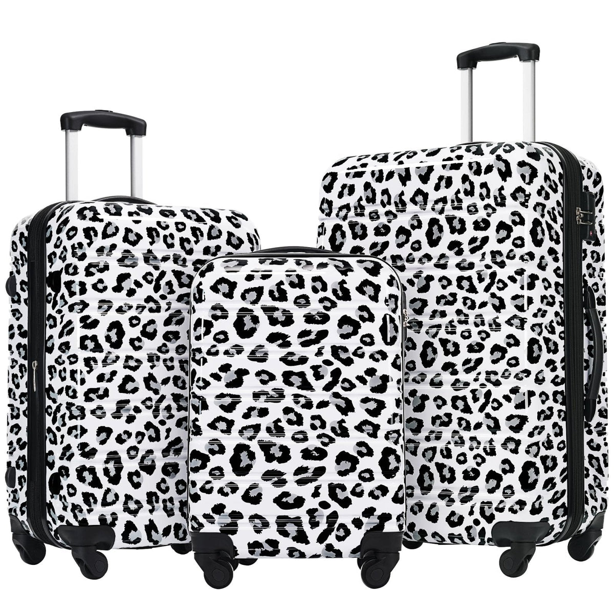 Merax Leopard Print Luggage Sets, 3 Piece Expandable Suitcase Set with Spinner Wheels,Large Checked Travel Suitcases and Carry On Travel Luggage, 100% PC, TSA Lock,White+Black(20in/24in/28in)