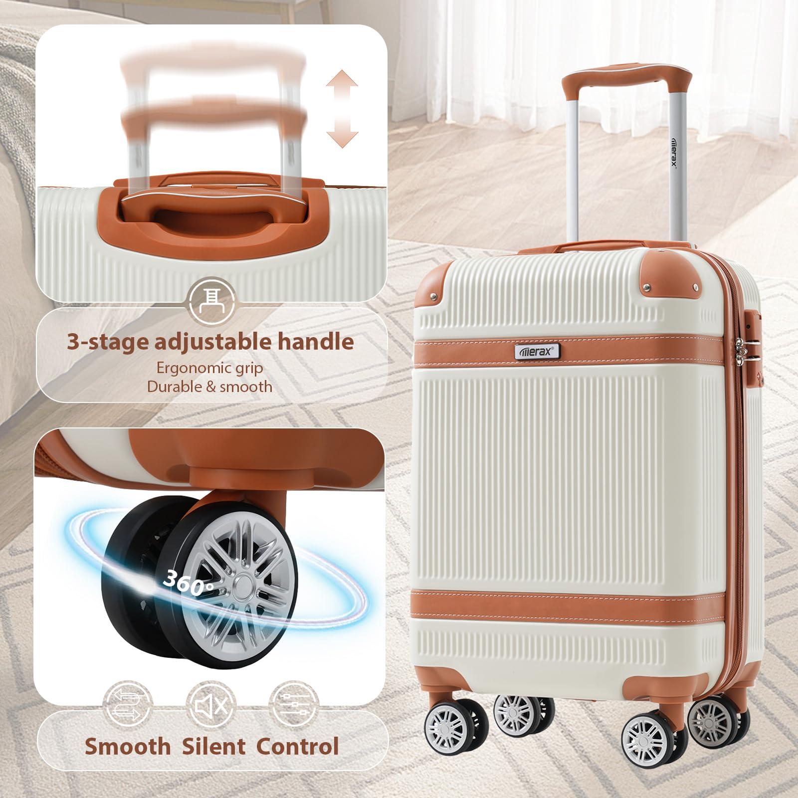 Merax Luggage Set 3 Piece Suitcase Set, 20 - Inch Carry On Luggage Lightweight Suitcases with Wheels, TSA Lock, Collision - Protection Angle (White)