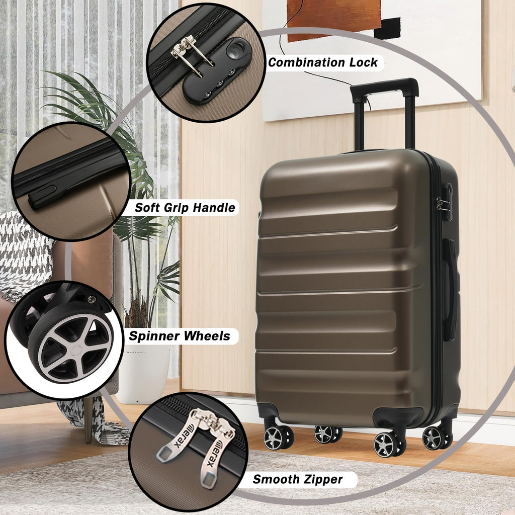 Merax Luggage Set 6 Piece, Hardshell ABS Suitcases with 8 Silent Spinner Wheels, Durable and Lightweight Travel Luggage for Family Trips, Brown