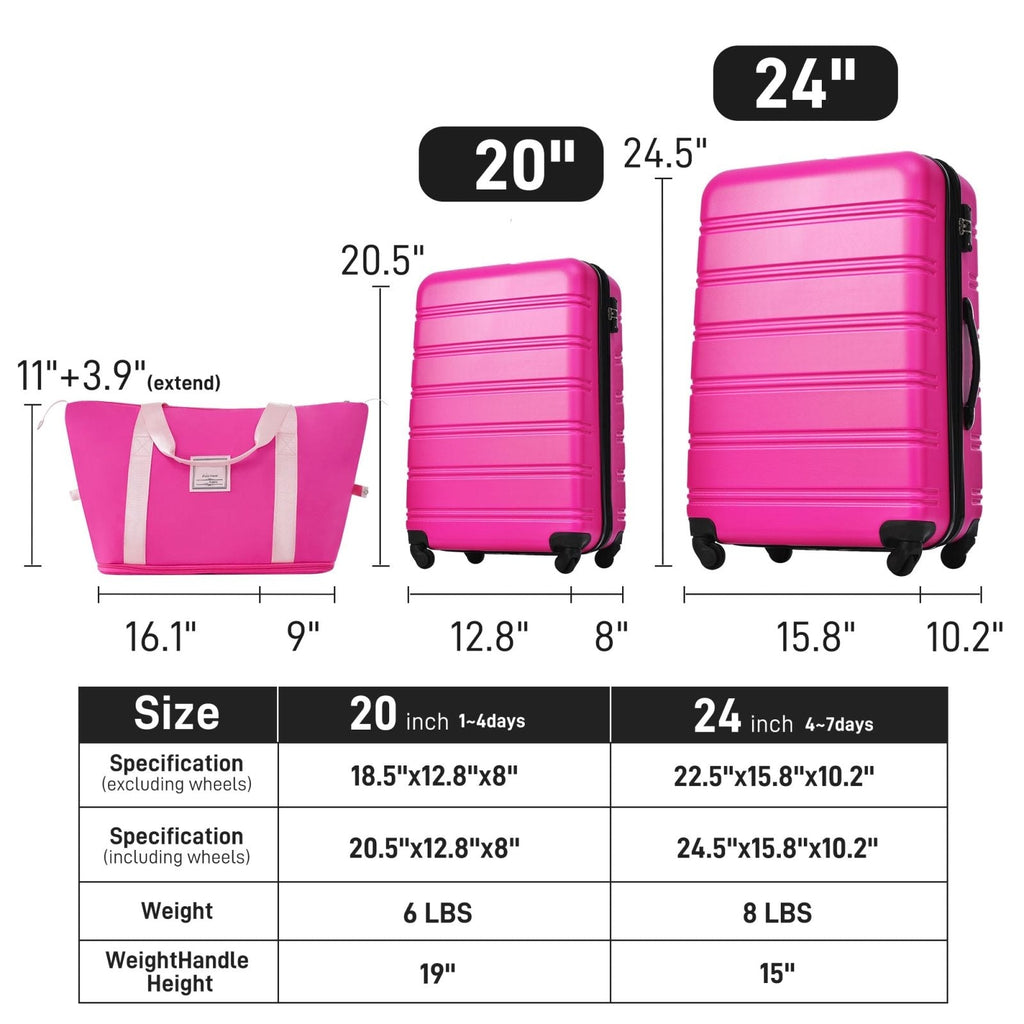 Merax Luggage Set Carry On Luggage with TSA Lock Hard Shell Suitcases & Travel Bag Dual Spinner Wheels Lightweight Durable Travel Set (Deep Pink, 3 PC(20+24+Bag))