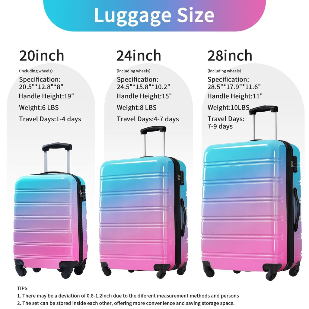 Merax Luggage Set Carry On Luggage with TSA Lock Hard Shell Suitcases & Travel Bag Dual Spinner Wheels Lightweight Durable Travel Set (Gradient Pink Blue, 3 PC(20+24+28))