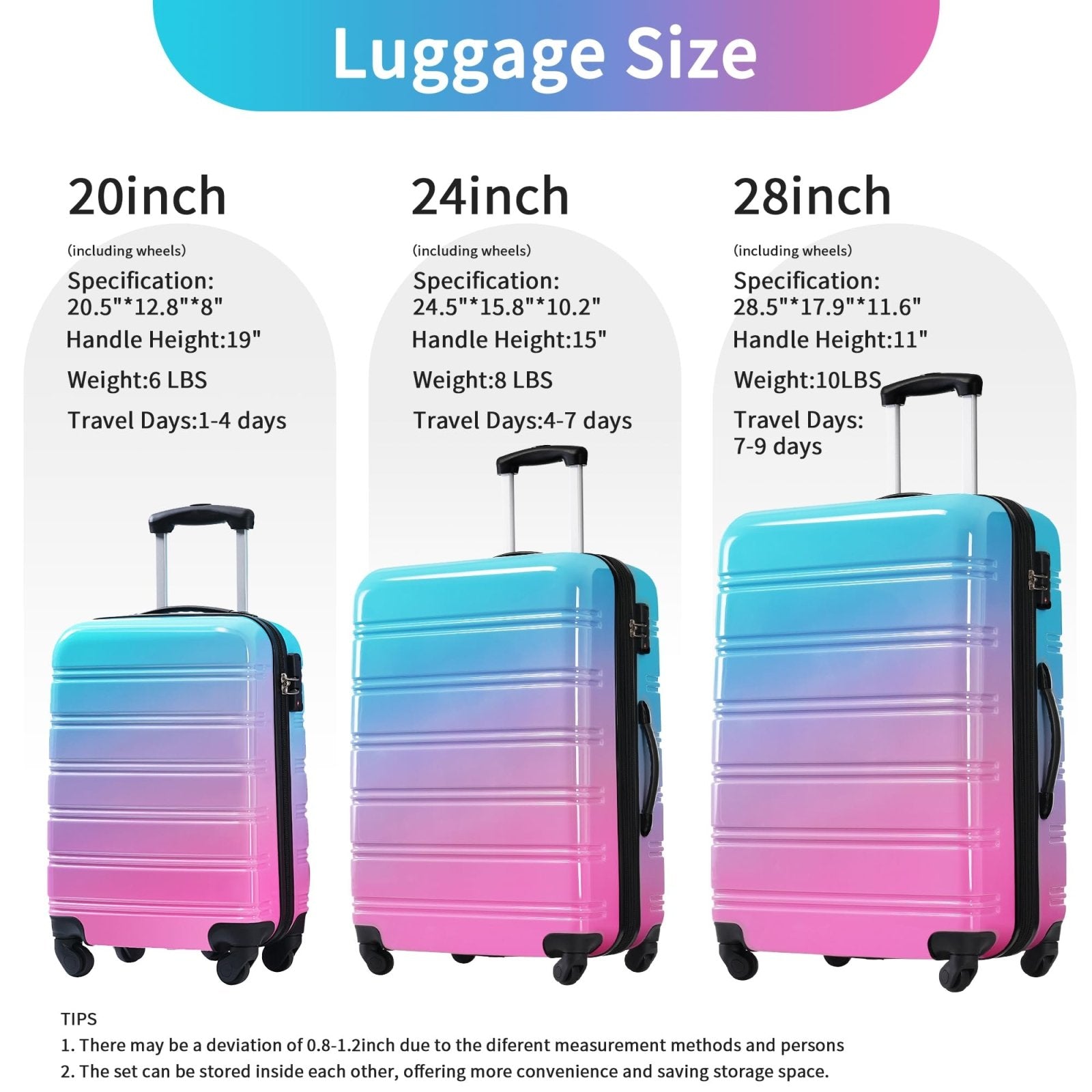 Merax Luggage Set Carry On Luggage with TSA Lock Hard Shell Suitcases & Travel Bag Dual Spinner Wheels Lightweight Durable Travel Set (Gradient Pink Blue, 3 PC(20+24+28))