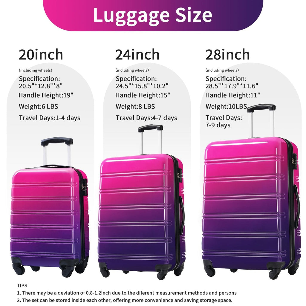 Merax Luggage Set Carry On Luggage with TSA Lock Hard Shell Suitcases & Travel Bag Dual Spinner Wheels Lightweight Durable Travel Set (Gradient Purple Pink, 3 PC(20+24+28))