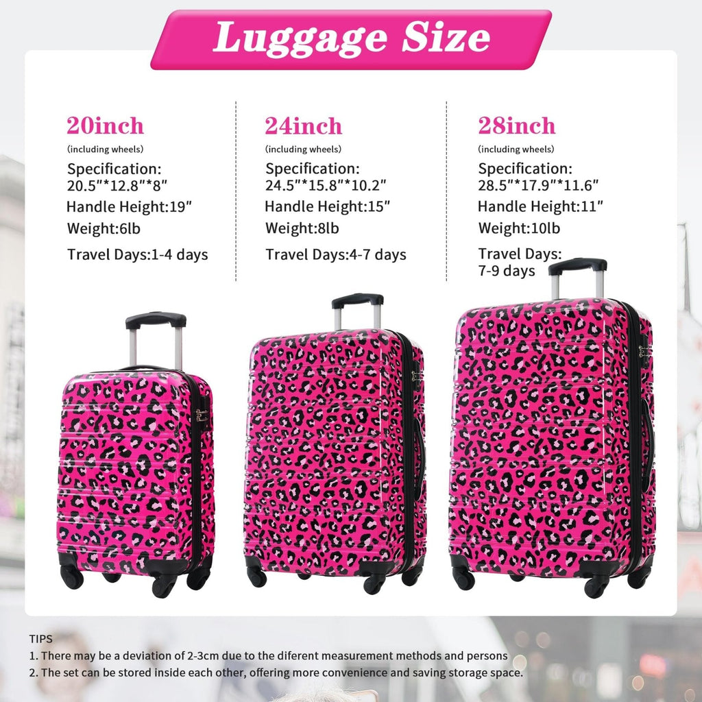 Merax Luggage Set Carry On Luggage with TSA Lock Hard Shell Suitcases & Travel Bag Dual Spinner Wheels Lightweight Durable Travel Set (Hot Pink Leopard, 3 PC(20+24+28))