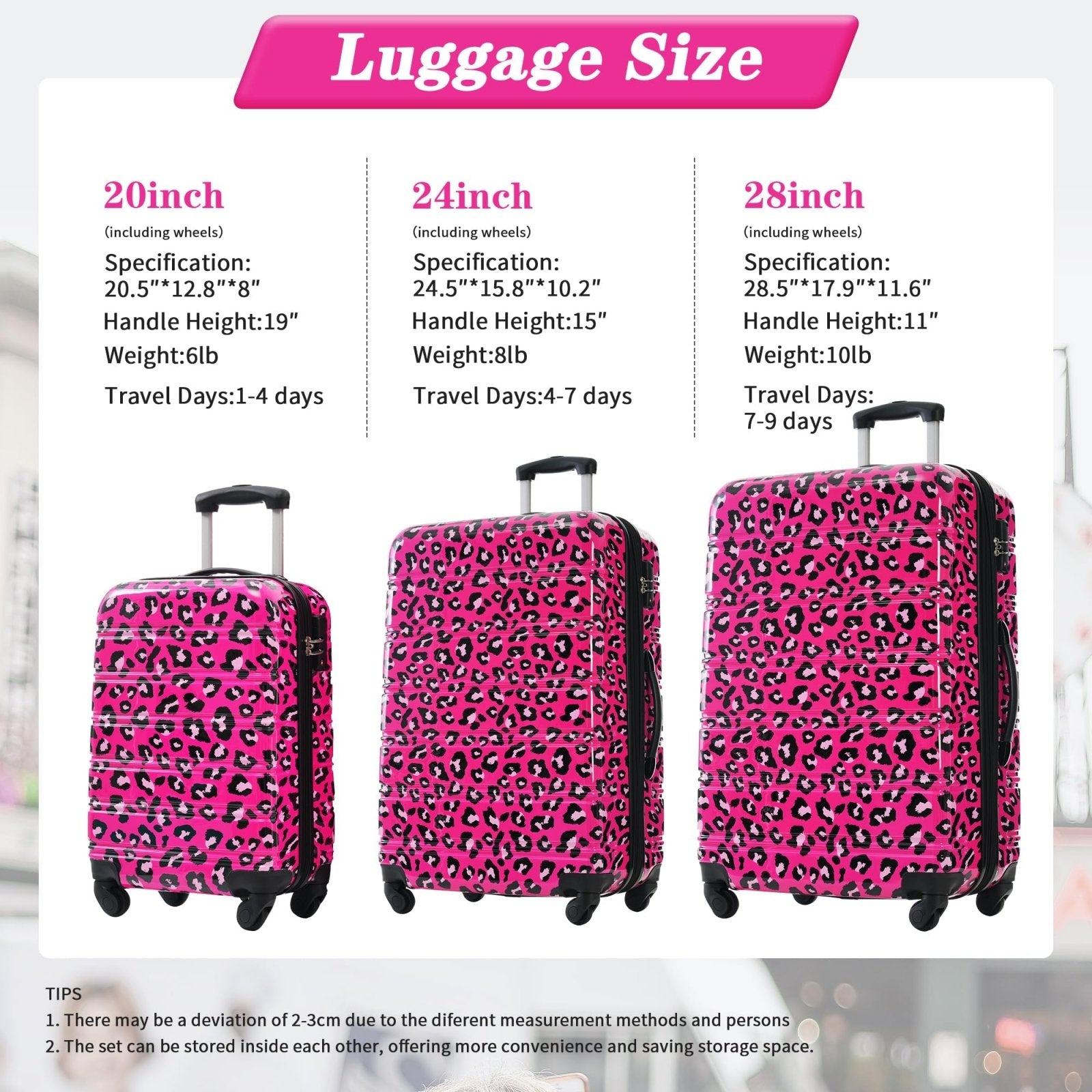 Merax Luggage Set Carry On Luggage with TSA Lock Hard Shell Suitcases & Travel Bag Dual Spinner Wheels Lightweight Durable Travel Set (Hot Pink Leopard, 3 PC(20+24+28))