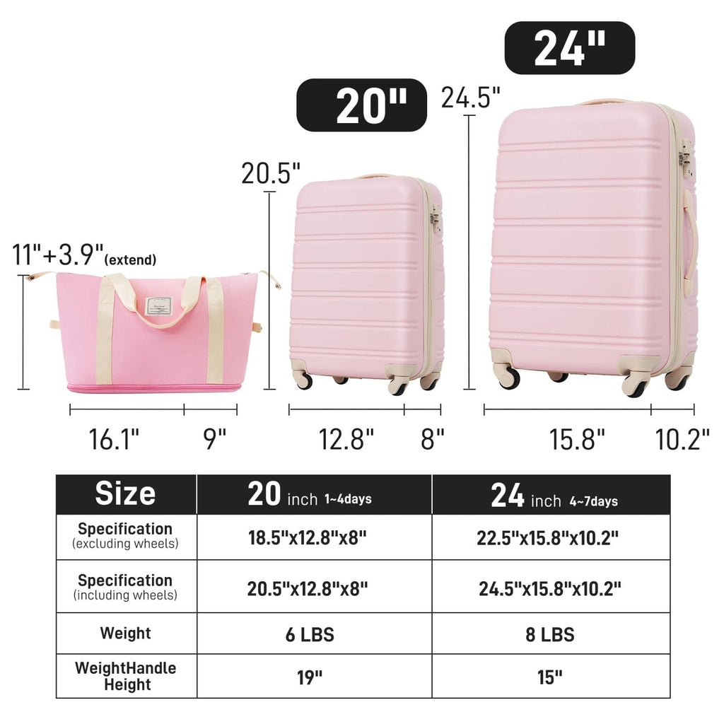 Merax Luggage Set Carry On Luggage with TSA Lock Hard Shell Suitcases & Travel Bag Dual Spinner Wheels Lightweight Durable Travel Set (Light Pink, 3 PC(20+24+Bag))