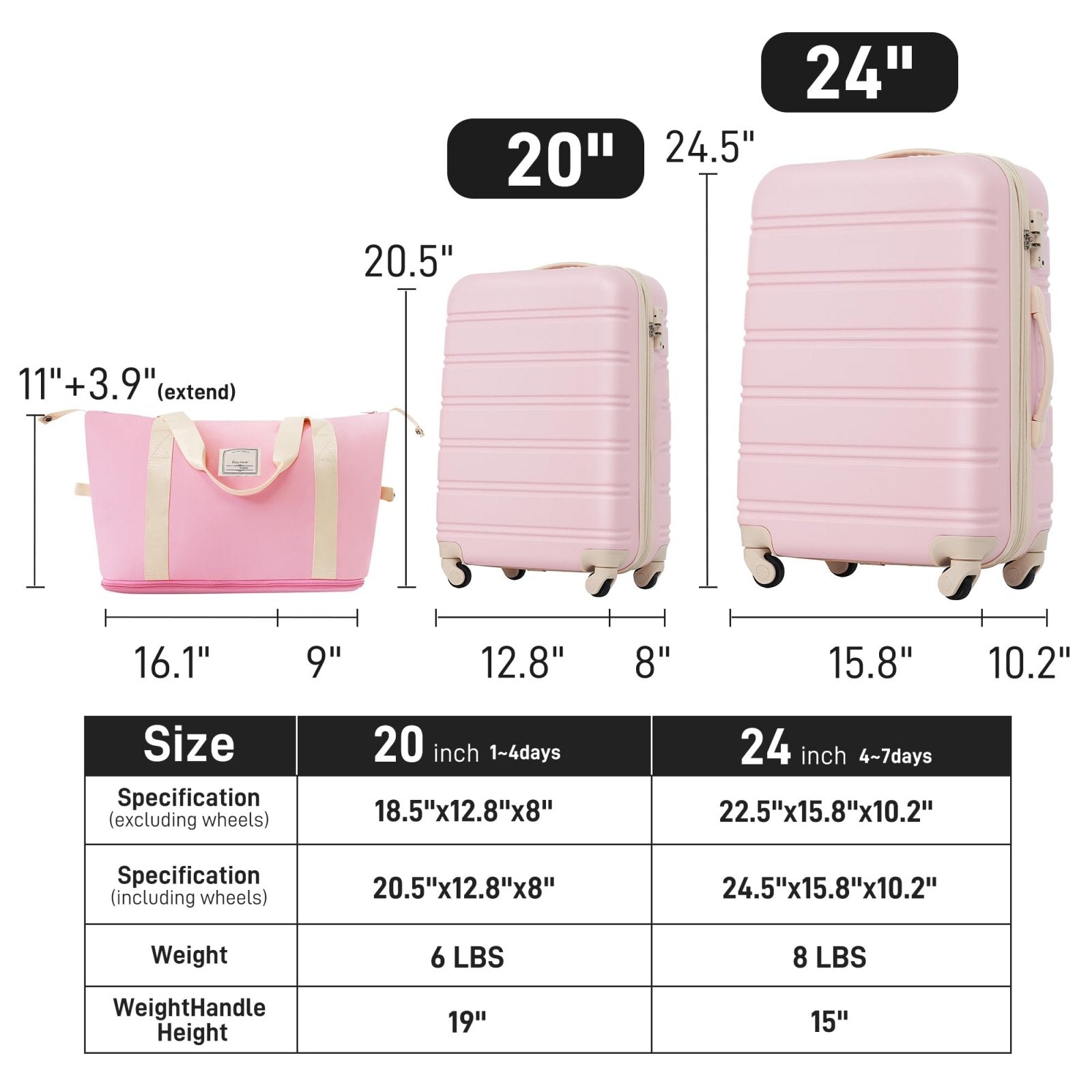 Merax Luggage Set Carry On Luggage with TSA Lock Hard Shell Suitcases & Travel Bag Dual Spinner Wheels Lightweight Durable Travel Set (Light Pink, 3 PC(20+24+Bag))