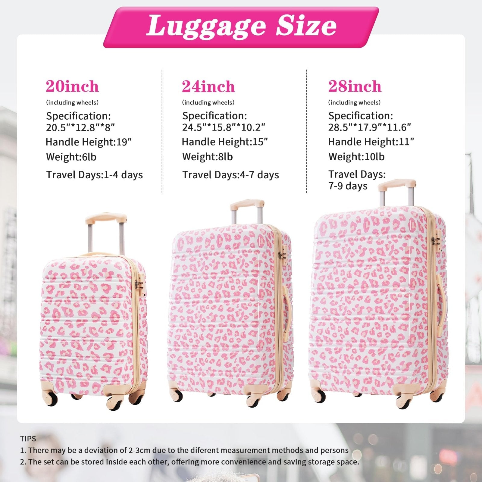Merax Luggage Set Carry On Luggage with TSA Lock Hard Shell Suitcases & Travel Bag Dual Spinner Wheels Lightweight Durable Travel Set (Pink Leopard, 3 PC(20+24+28))