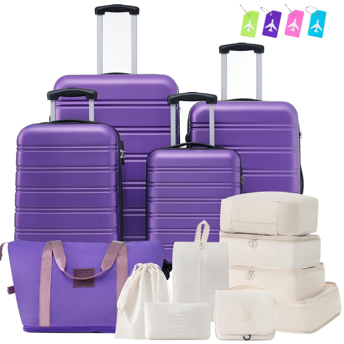 Merax Luggage Set Carry On Luggage with TSA Lock Hard Shell Suitcases & Travel Bag Dual Spinner Wheels Lightweight Durable Travel Set (Purple, 5 PC(16+20+24+28+Bag+8 Luggage Storage Bags))