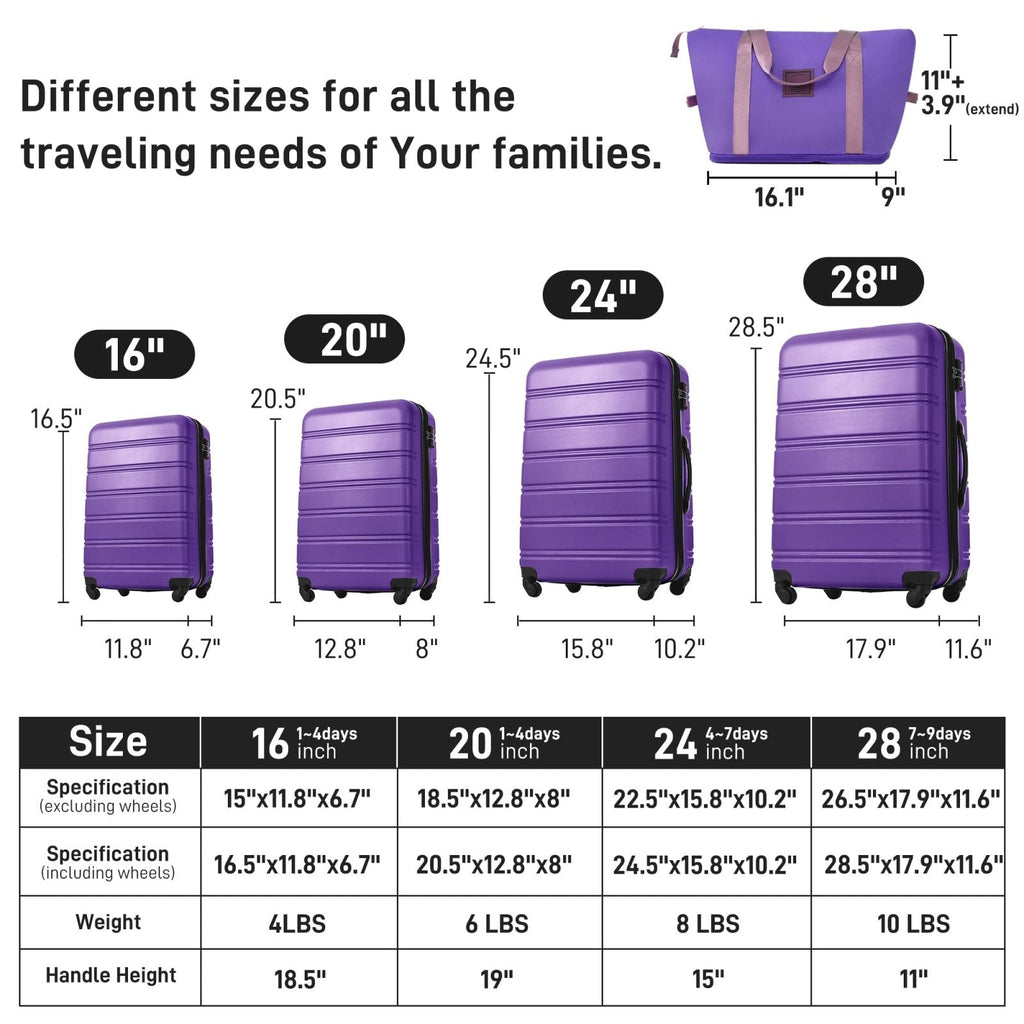 Merax Luggage Set Carry On Luggage with TSA Lock Hard Shell Suitcases & Travel Bag Dual Spinner Wheels Lightweight Durable Travel Set (Purple, 5 PC(16+20+24+28+Bag+8 Luggage Storage Bags))