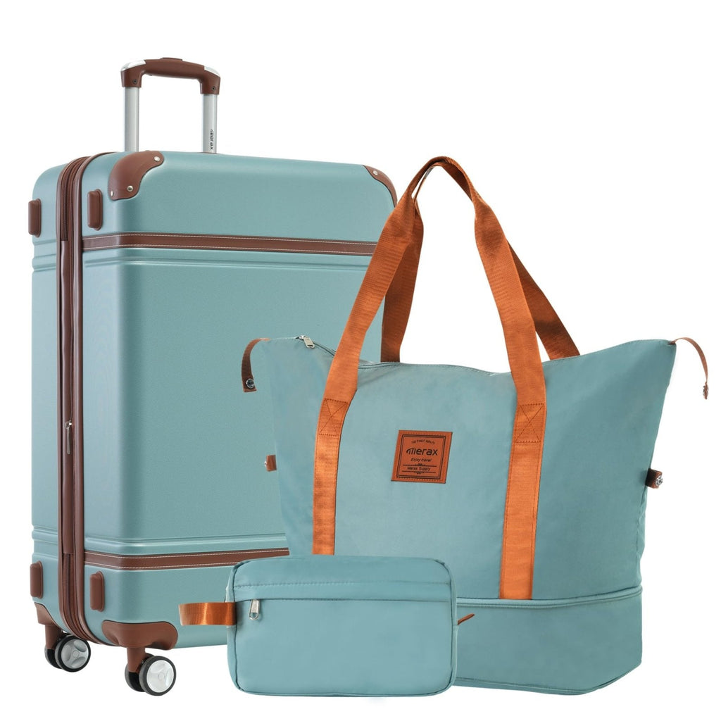 Merax Luggage Set,24 IN Hardside Suitcase with Duffel Bags,3 Piece Expandable Luggage with Spinner Wheels, Vintage Luggage with TSA Lock Lightweight,(Blue Green)