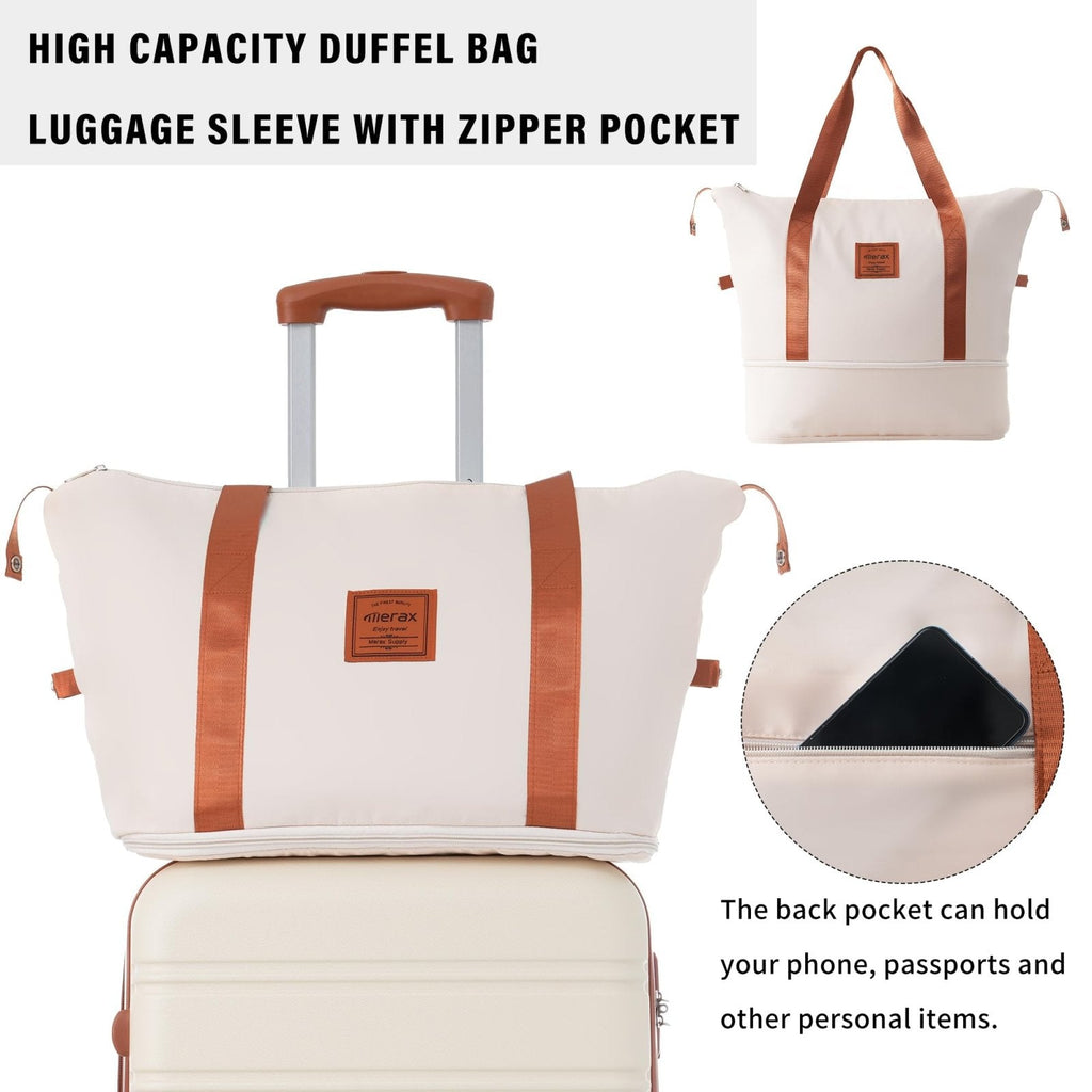 Merax Luggage Sets 2 Piece Expandable Hardside Luggage with Travel Bag Suitcase Set with Spinner Wheels(20+28+bag,Brown+White - 1)