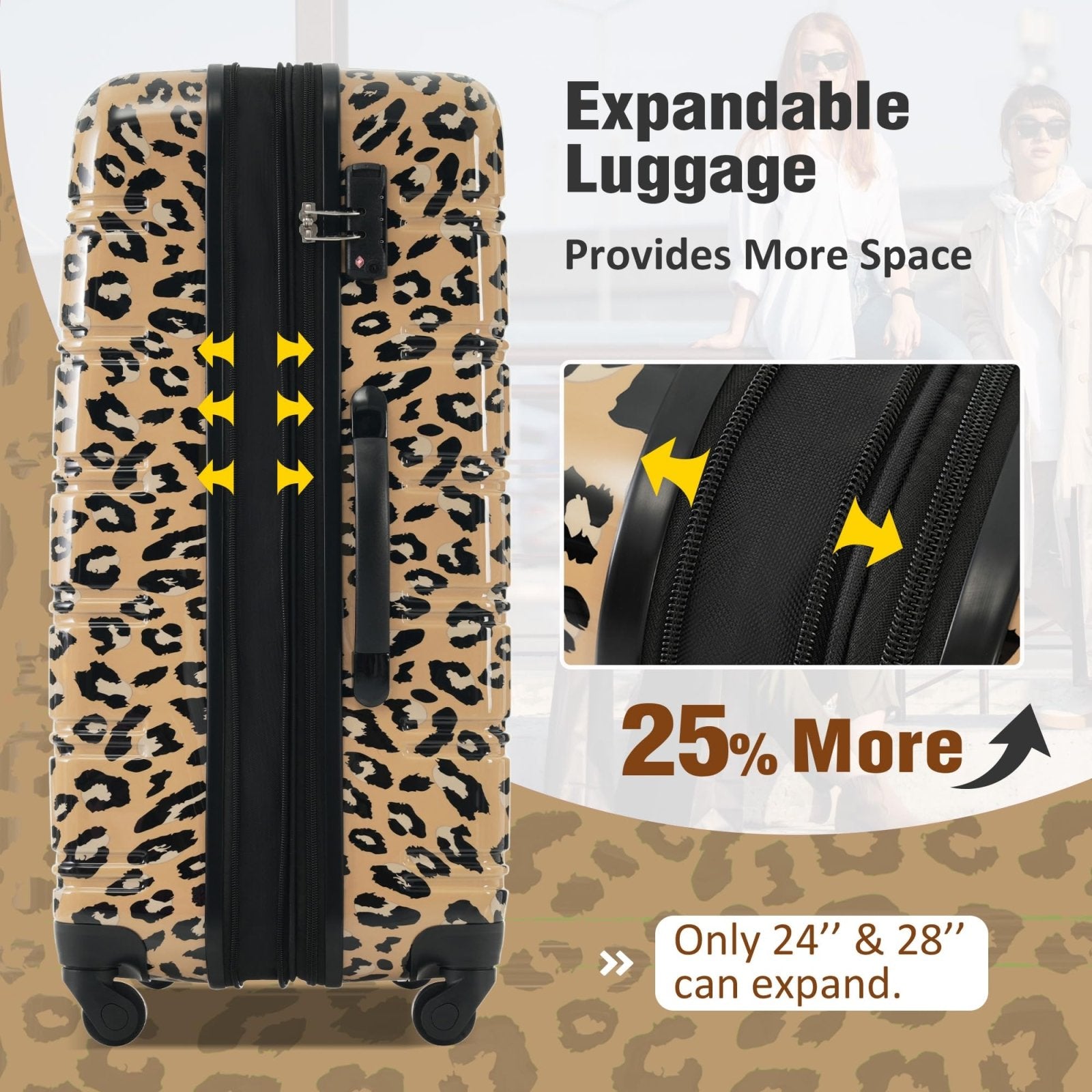 Merax Luggage Sets 3 Piece, Hardside Expandable Suitcase Set with Spinner Wheels, Lightweight Leopard 20+24+28 IN Suitcase with Carry on Luggage, Leopard Brown