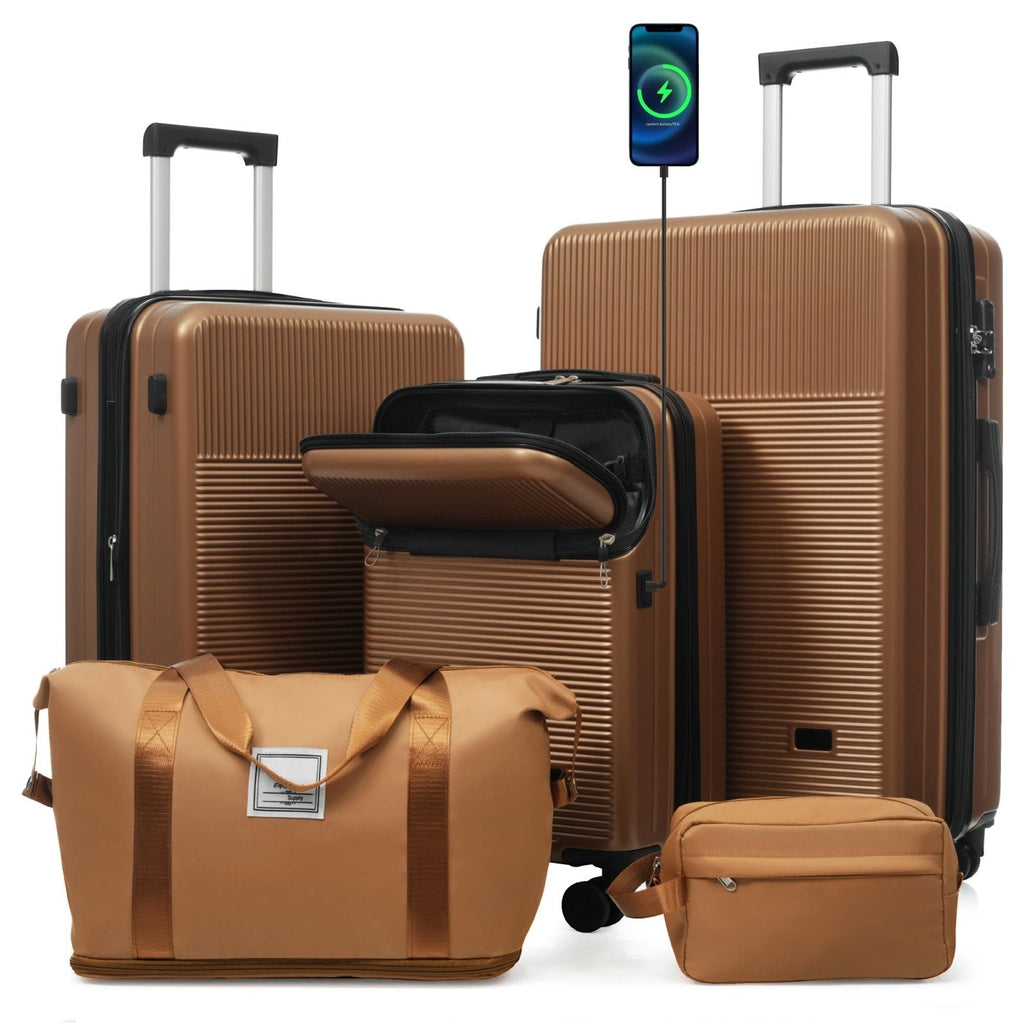 Merax Luggage Sets 5 Piece Suitcases with Wheels, Suitcase Set ABS Hard Case Luggage with TSA Lock Spinner Wheels Durable Travel Luggage,20" Travel Luggage with USB Port&Half-opening,Brown