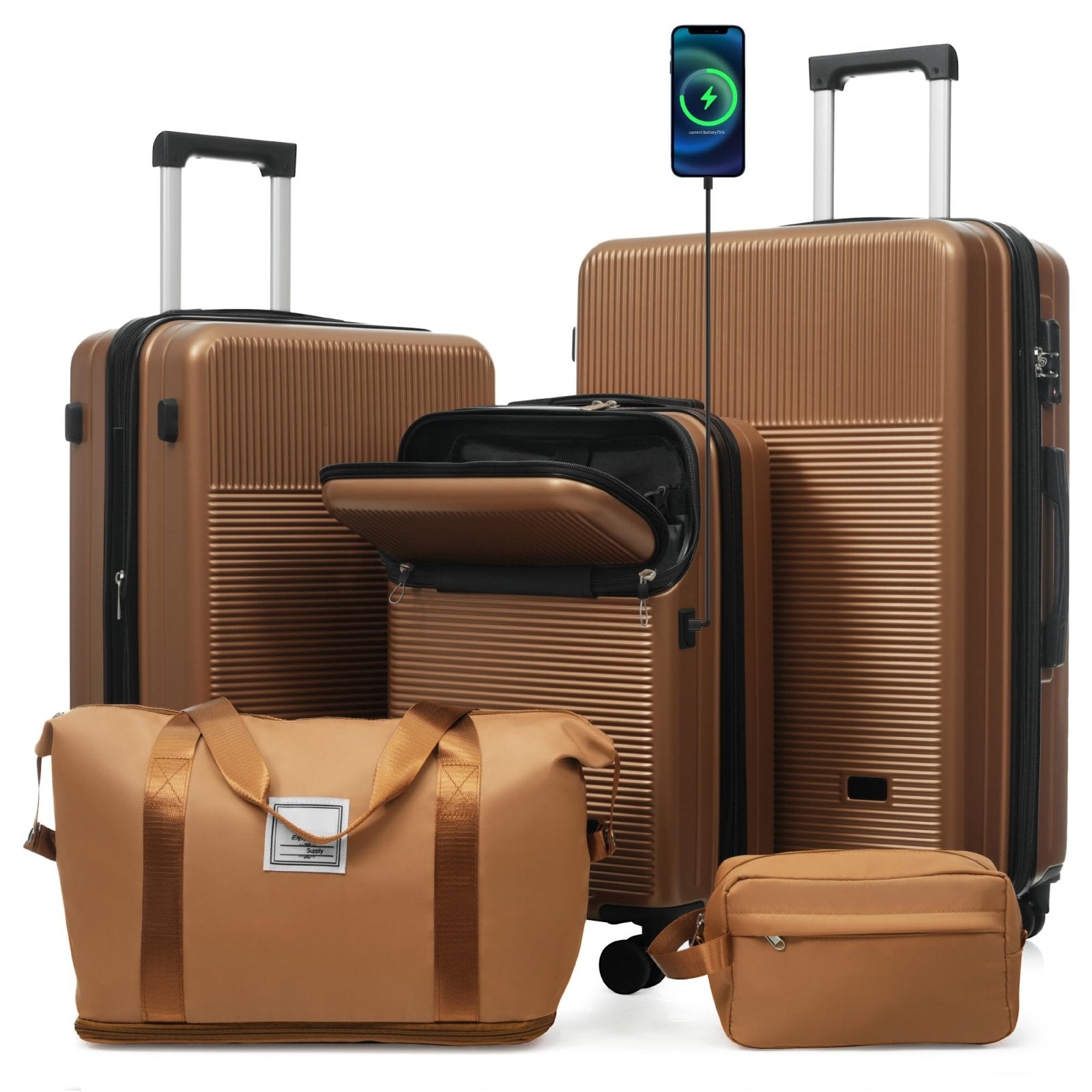 Merax Luggage Sets 5 Piece Suitcases with Wheels, Suitcase Set ABS Hard Case Luggage with TSA Lock Spinner Wheels Durable Travel Luggage,20" Travel Luggage with USB Port&Half-opening,Brown