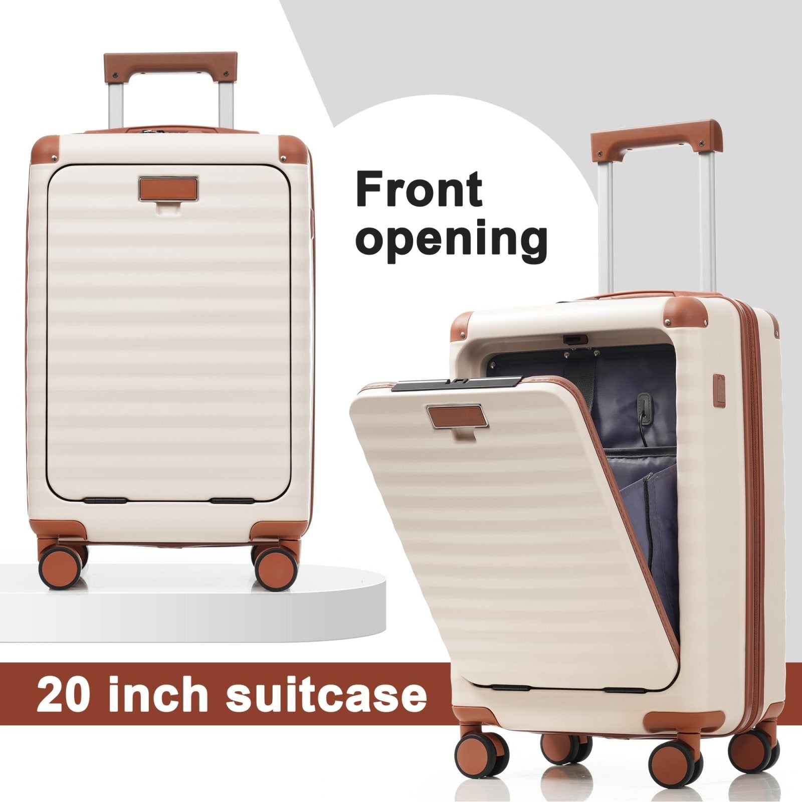 Merax Luggage Sets 5 Piece with 20 Inch Front Opening, 24" & 28" Hardside Expandable Carry on Suitcase with Spinner Wheels TSA Lock USB Port Cup Holder Duffel Bag and Toiletry Bag,Brown White