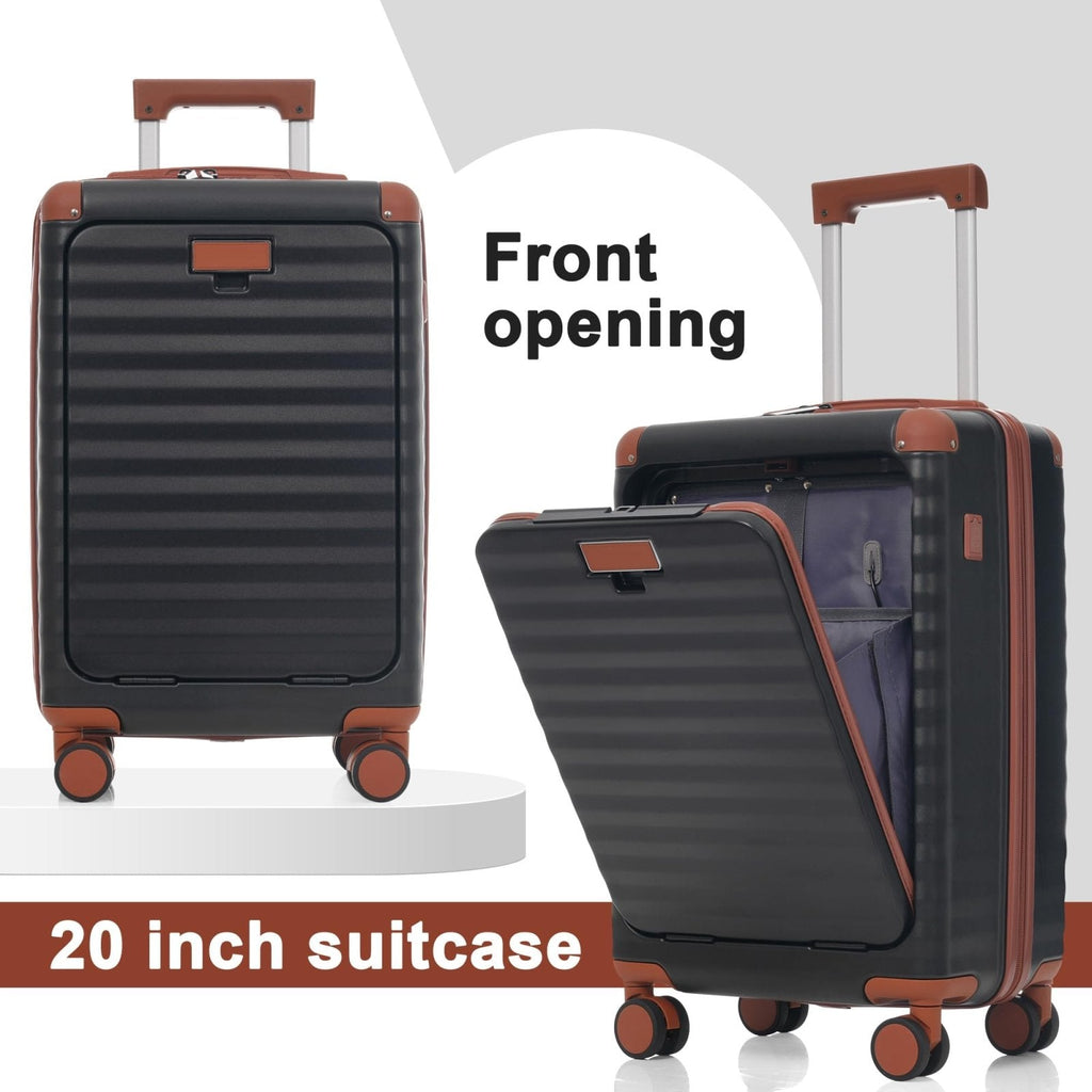 Merax Luggage Sets 5 Piece with 20 Inch Front Opening, 24" & 28" Hardside Expandable Carry on Suitcase with Spinner Wheels TSA Lock USB Port Cup Holder Duffel Bag and Toiletry Bag,Black