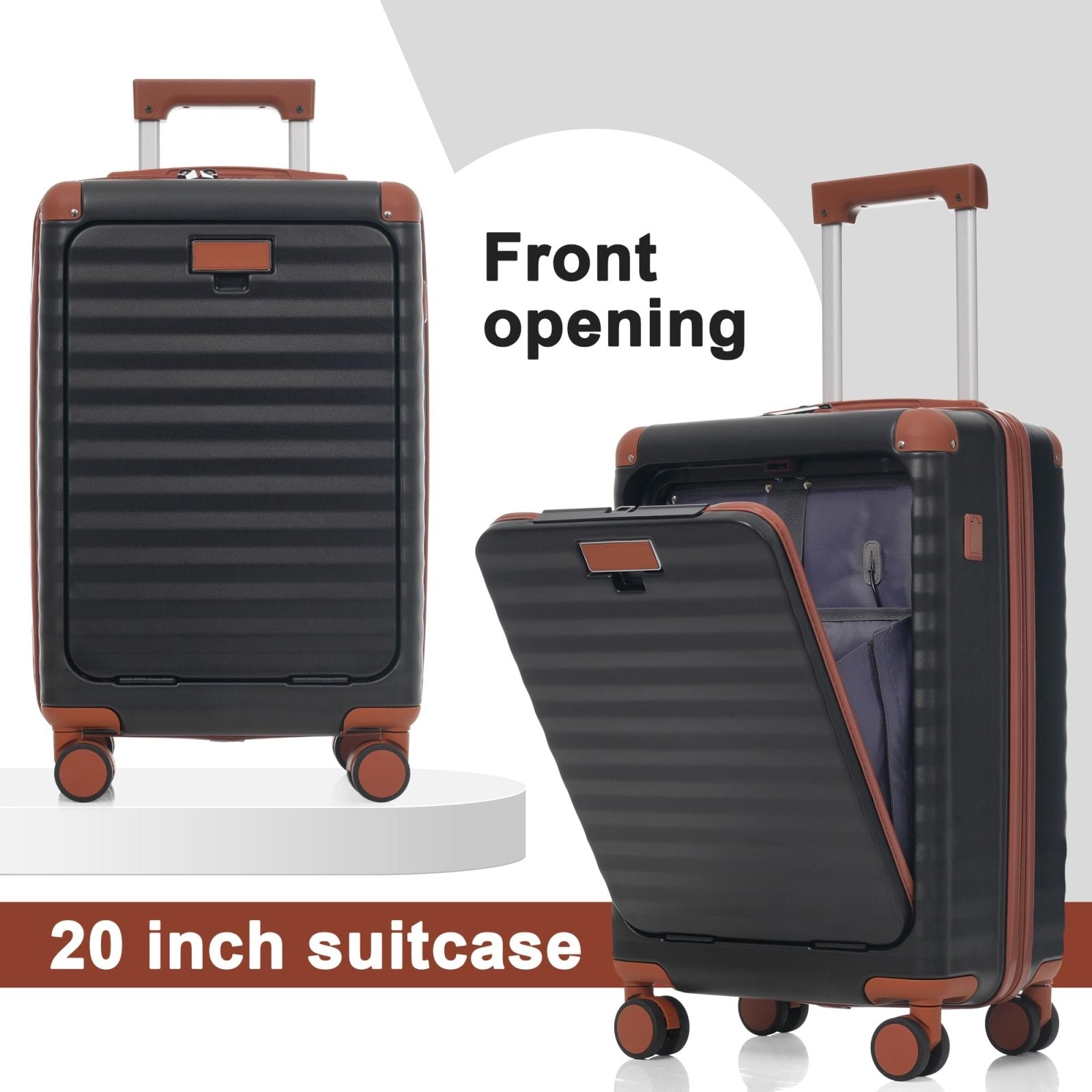 Merax Luggage Sets 5 Piece with 20 Inch Front Opening, 24" & 28" Hardside Expandable Carry on Suitcase with Spinner Wheels TSA Lock USB Port Cup Holder Duffel Bag and Toiletry Bag,Black