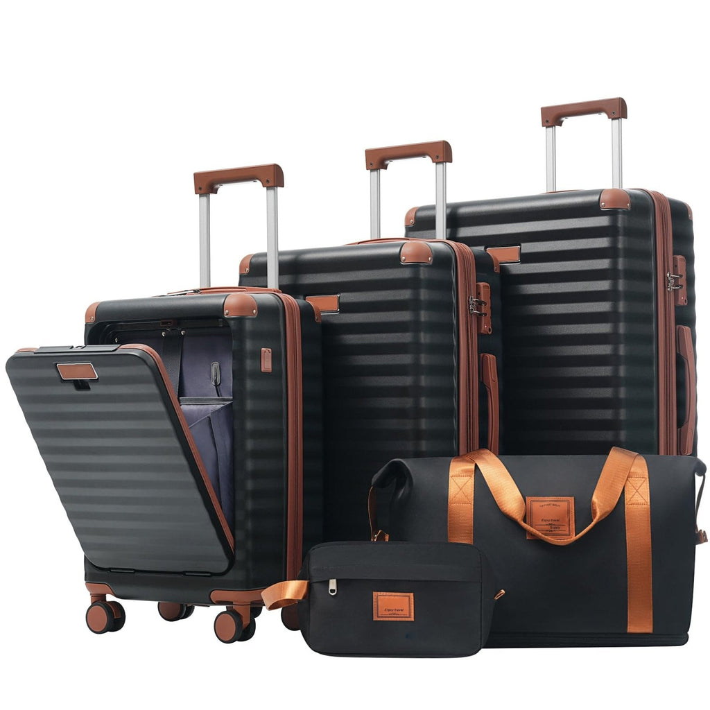 Merax Luggage Sets 5 Piece with 20 Inch Front Opening, 24" & 28" Hardside Expandable Carry on Suitcase with Spinner Wheels TSA Lock USB Port Cup Holder Duffel Bag and Toiletry Bag,Black