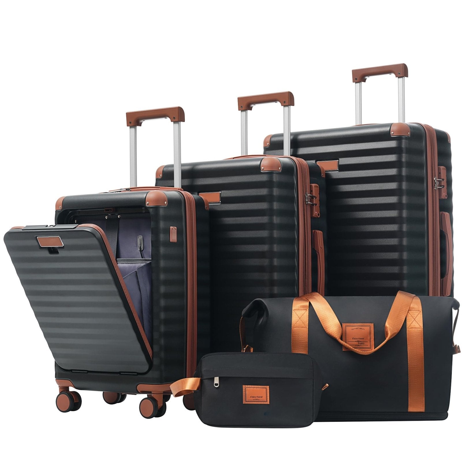 Merax Luggage Sets 5 Piece with 20 Inch Front Opening, 24" & 28" Hardside Expandable Carry on Suitcase with Spinner Wheels TSA Lock USB Port Cup Holder Duffel Bag and Toiletry Bag,Black