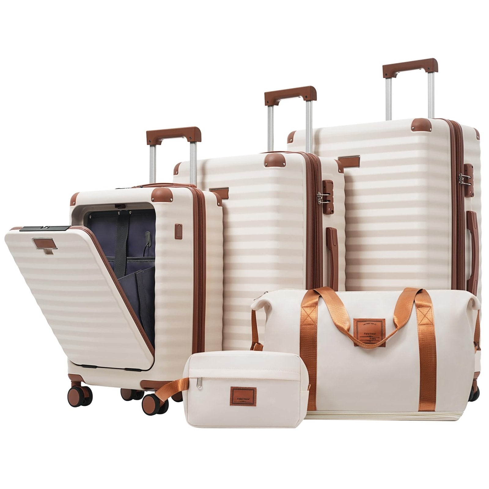 Merax Luggage Sets 5 Piece with 20 Inch Front Opening, 24" & 28" Hardside Expandable Carry on Suitcase with Spinner Wheels TSA Lock USB Port Cup Holder Duffel Bag and Toiletry Bag,Brown White
