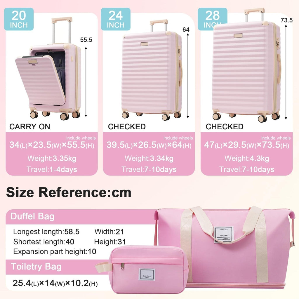 Merax Luggage Sets 5 Piece with 20 Inch Front Opening,24" & 28" Hardside Expandable Carry on Suitcase with Spinner Wheels TSA Lock USB Port Cup Holder Duffel Bag and Toiletry Bag,Pink