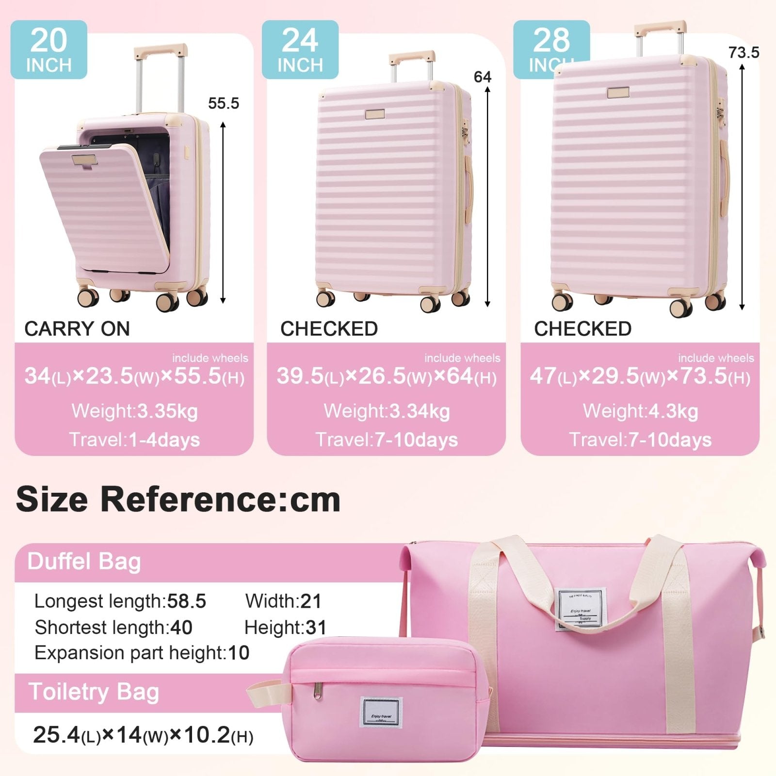 Merax Luggage Sets 5 Piece with 20 Inch Front Opening,24" & 28" Hardside Expandable Carry on Suitcase with Spinner Wheels TSA Lock USB Port Cup Holder Duffel Bag and Toiletry Bag,Pink