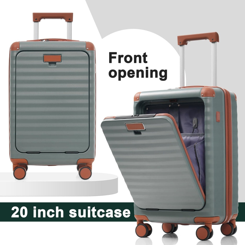 Merax Luggage Sets 5 Piece with 20 Inch Front Opening,24" & 28" Hardside Expandable Carry on Suitcase with Spinner Wheels TSA Lock USB Port Cup Holder Duffel Bag and Toiletry Bag,Blue Grey
