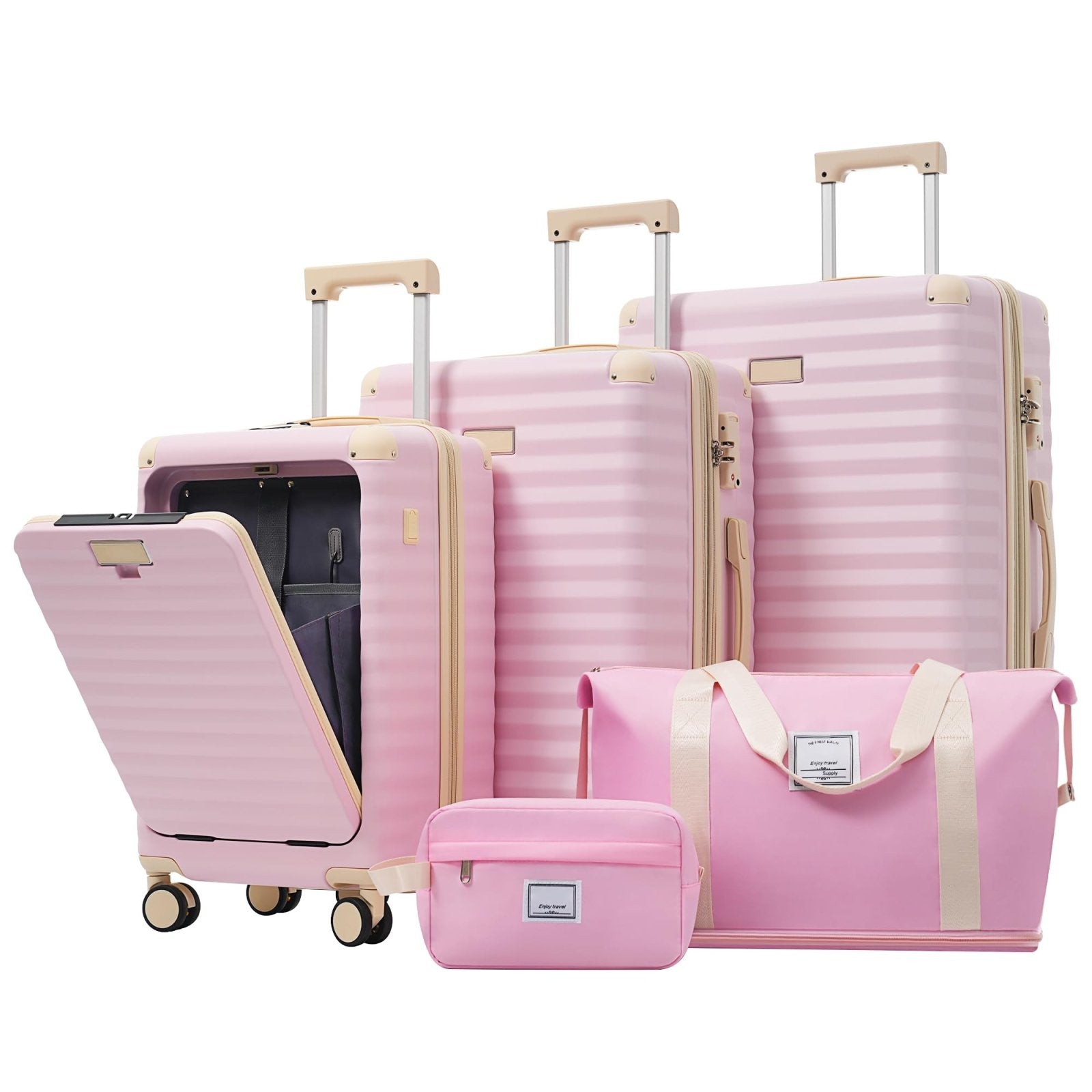 Merax Luggage Sets 5 Piece with 20 Inch Front Opening,24" & 28" Hardside Expandable Carry on Suitcase with Spinner Wheels TSA Lock USB Port Cup Holder Duffel Bag and Toiletry Bag,Pink