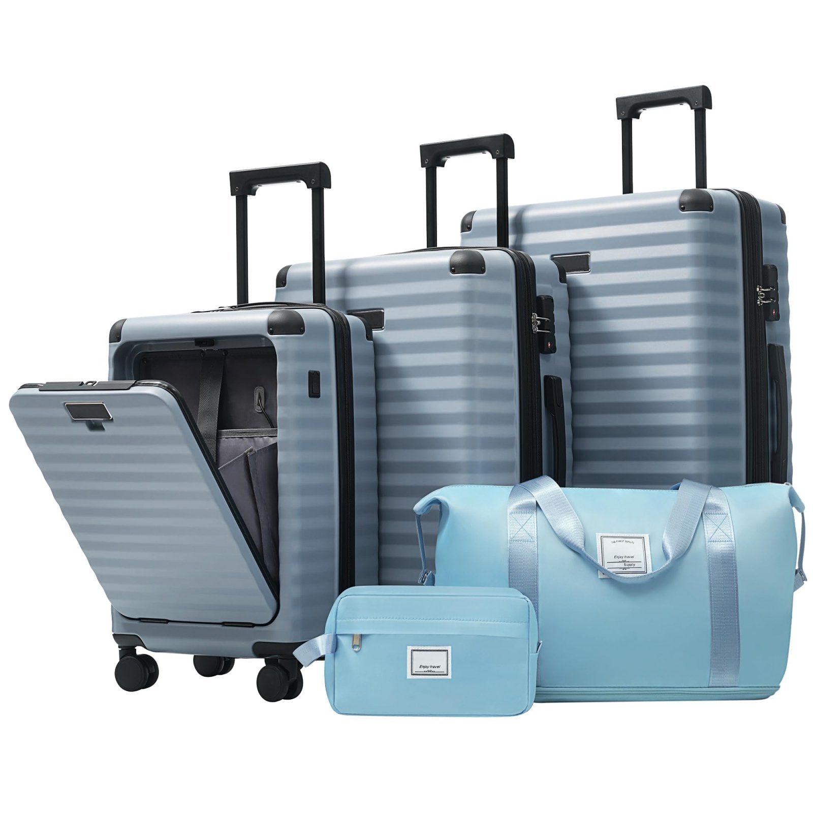 Merax Luggage Sets 5 Piece with 20 Inch Front Opening,24" & 28" Hardside Expandable Carry on Suitcase with Spinner Wheels TSA Lock USB Port Cup Holder Duffel Bag and Toiletry Bag,Sky Blue