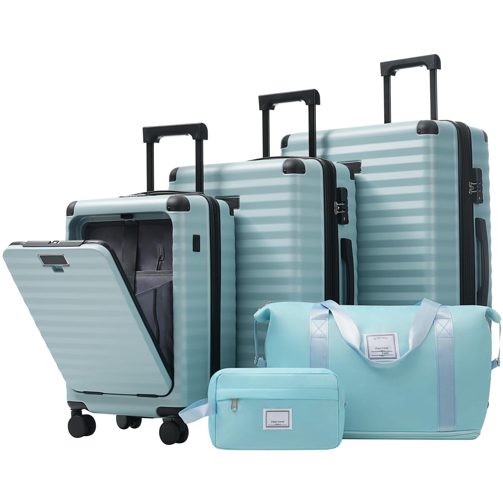 Merax Luggage Sets 5 Piece with 20 Inch Front Opening,24" & 28" Hardside Expandable Carry on Suitcase with Spinner Wheels TSA Lock USB Port Cup Holder Duffel Bag and Toiletry Bag,Light Blue