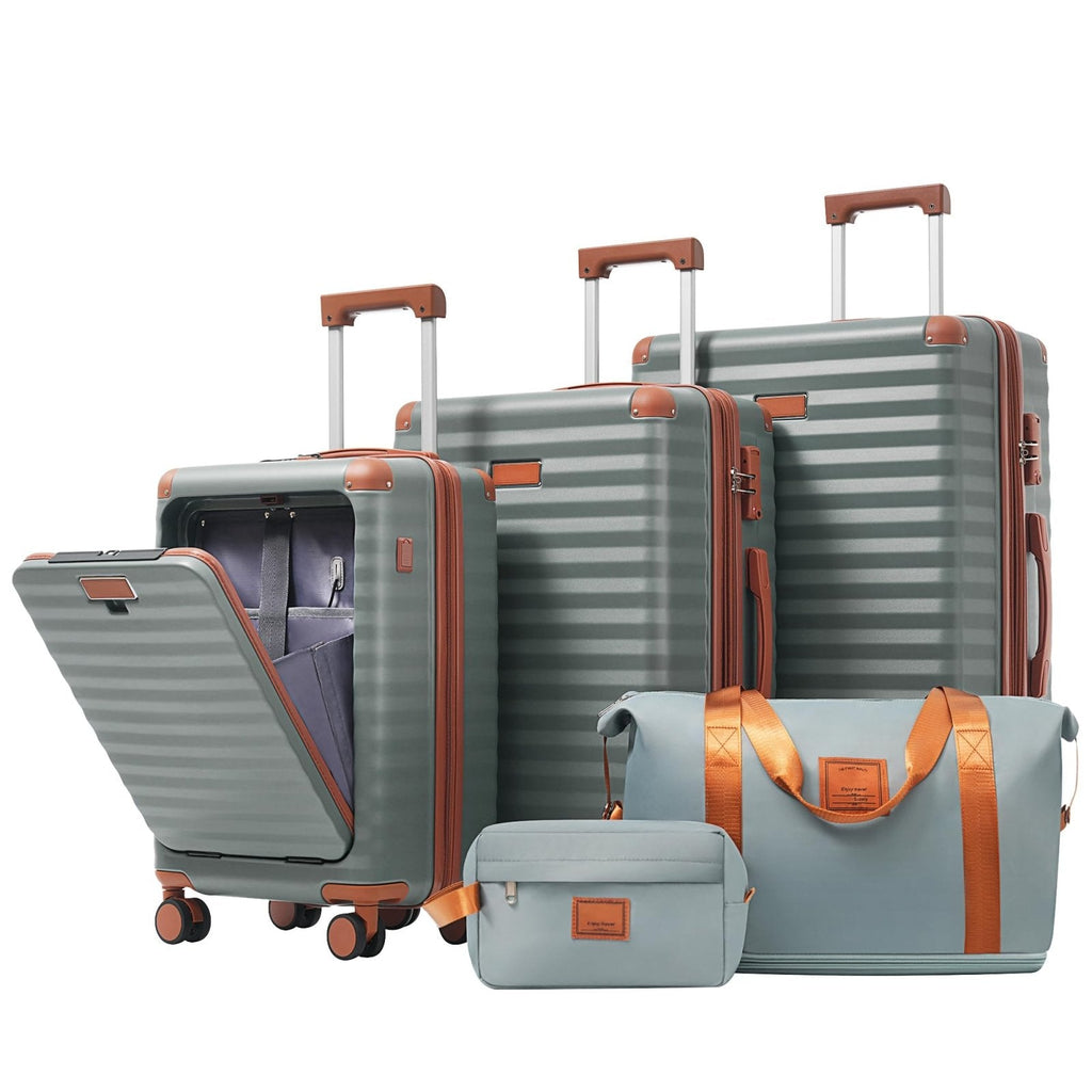 Merax Luggage Sets 5 Piece with 20 Inch Front Opening,24" & 28" Hardside Expandable Carry on Suitcase with Spinner Wheels TSA Lock USB Port Cup Holder Duffel Bag and Toiletry Bag,Blue Grey