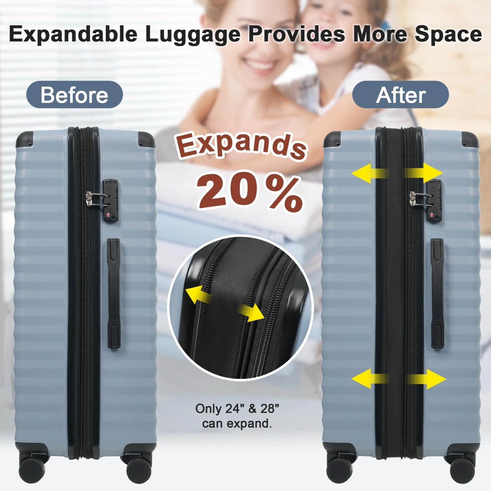 Merax Luggage Sets 5 Piece with 20 Inch Front Opening,24" & 28" Hardside Expandable Carry on Suitcase with Spinner Wheels TSA Lock USB Port Cup Holder Duffel Bag and Toiletry Bag,Sky Blue