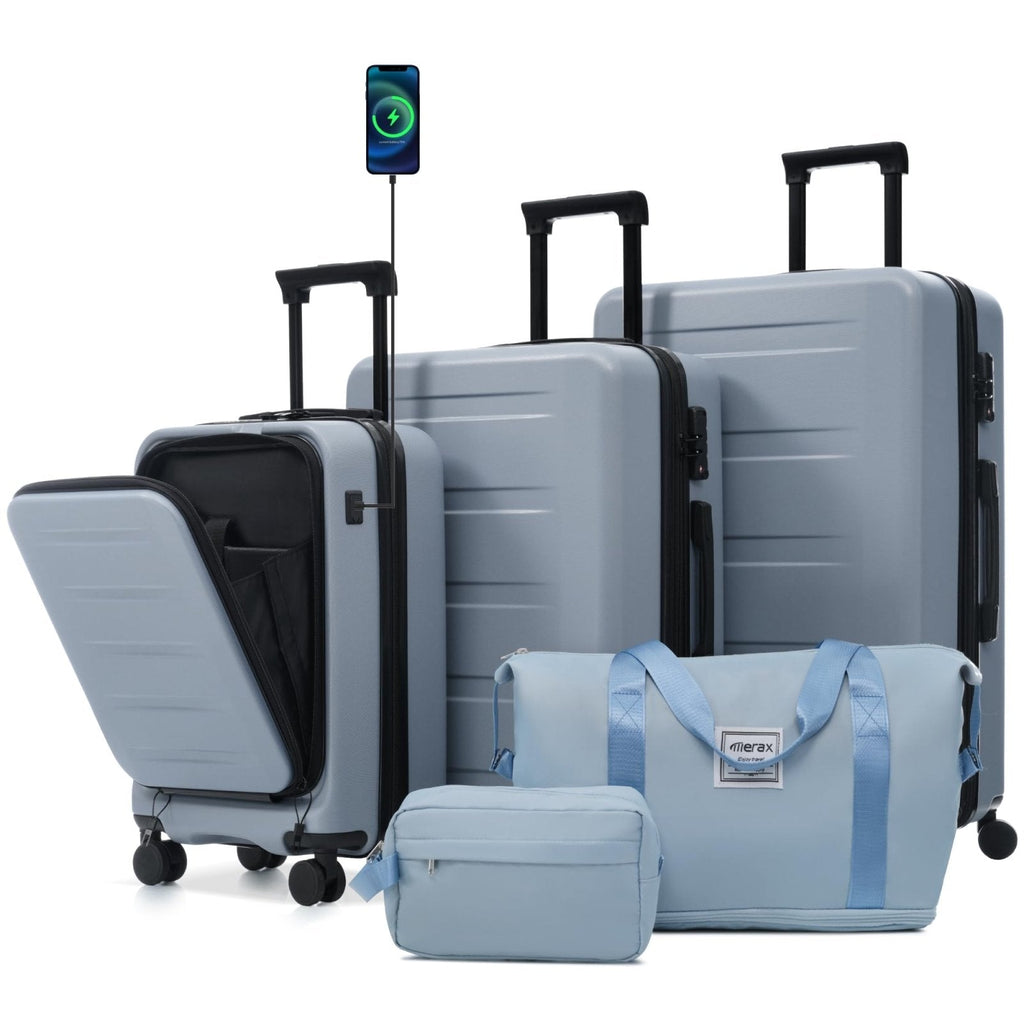 Merax Luggage Sets 5 Piece with Front Opening, Hardside Expandable Carry On Suitcase Set with Double Spinner Wheel, Lightweight Travel Luggage with USB Port,TSA Locks(20" 24" 28",Blue)