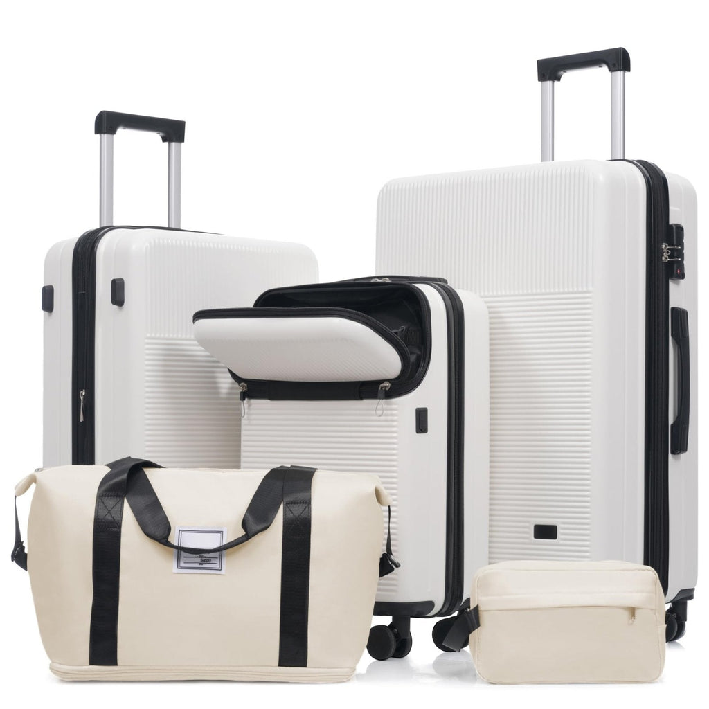 Merax Luggage Sets 5 Piece with Half-opening, Hardside Carry On Suitcase Set with Double Spinner Wheel, Lightweight Travel Luggage with USB Port,TSA Locks,White