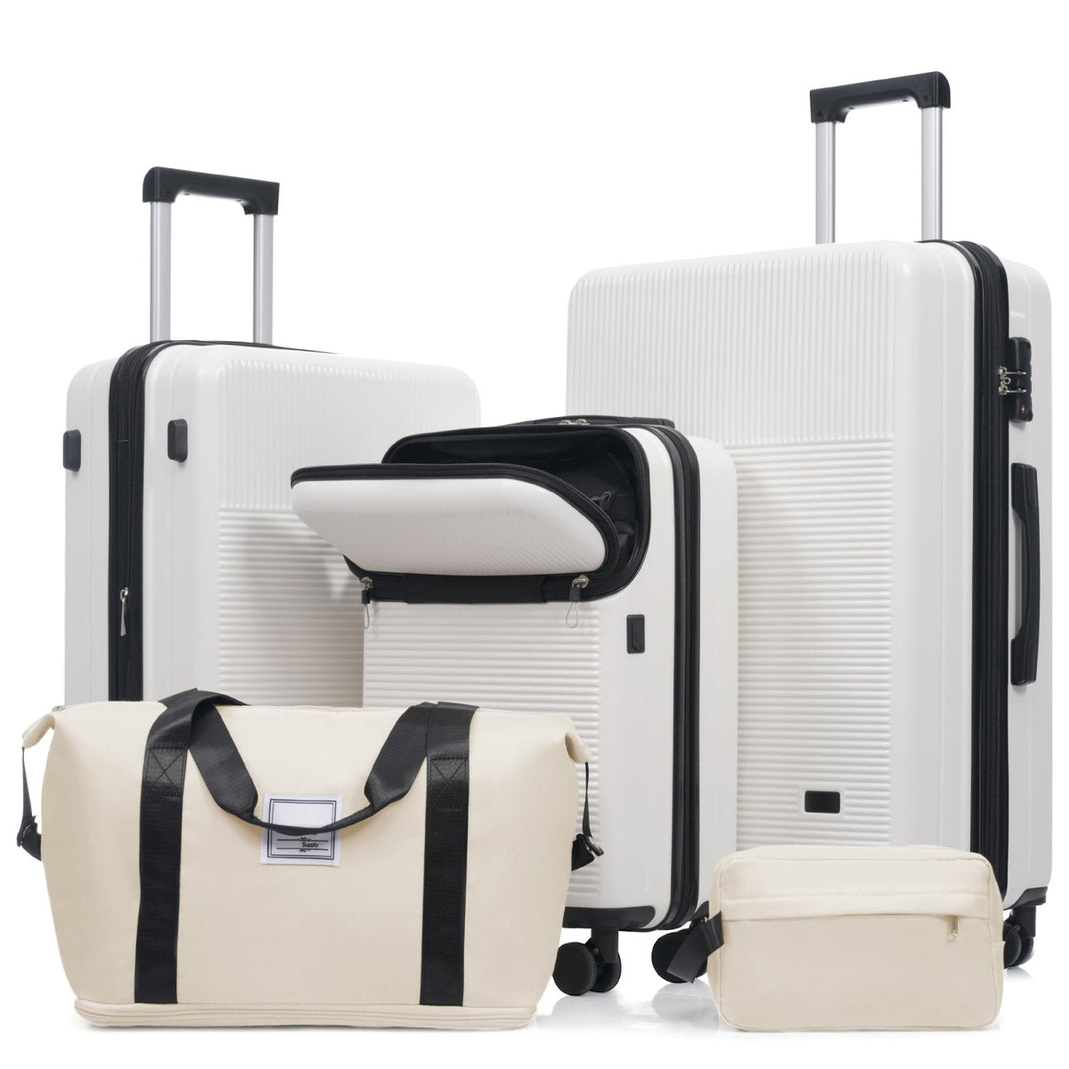 Merax Luggage Sets 5 Piece with Half-opening, Hardside Carry On Suitcase Set with Double Spinner Wheel, Lightweight Travel Luggage with USB Port,TSA Locks,White