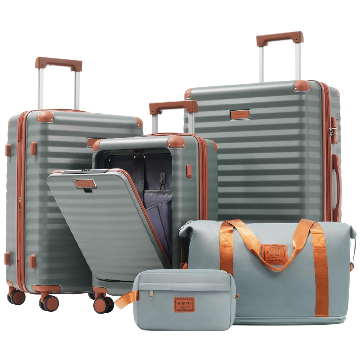 Merax Luggage Sets 5 Piece,Front Open Hardshell Expandable Suitcase with Spinner Wheels and Duffel Bags,Lightweight Carry on Luggage with USB Port and Cup Holder,20/24/28IN,Grey Green