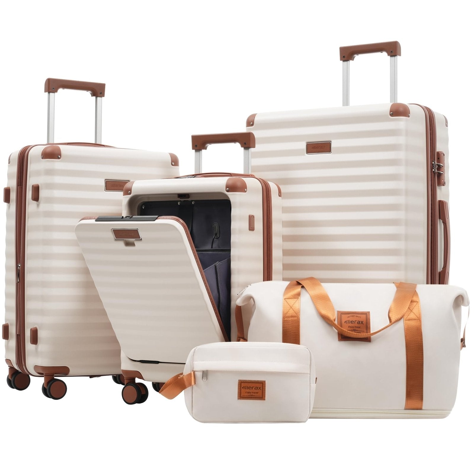 Merax Luggage Sets 5 Piece,Front Open Hardshell Expandable Suitcase with Spinner Wheels and Duffel Bags,Lightweight Carry on Luggage with USB Port and Cup Holder,20/24/28IN,White and Brown