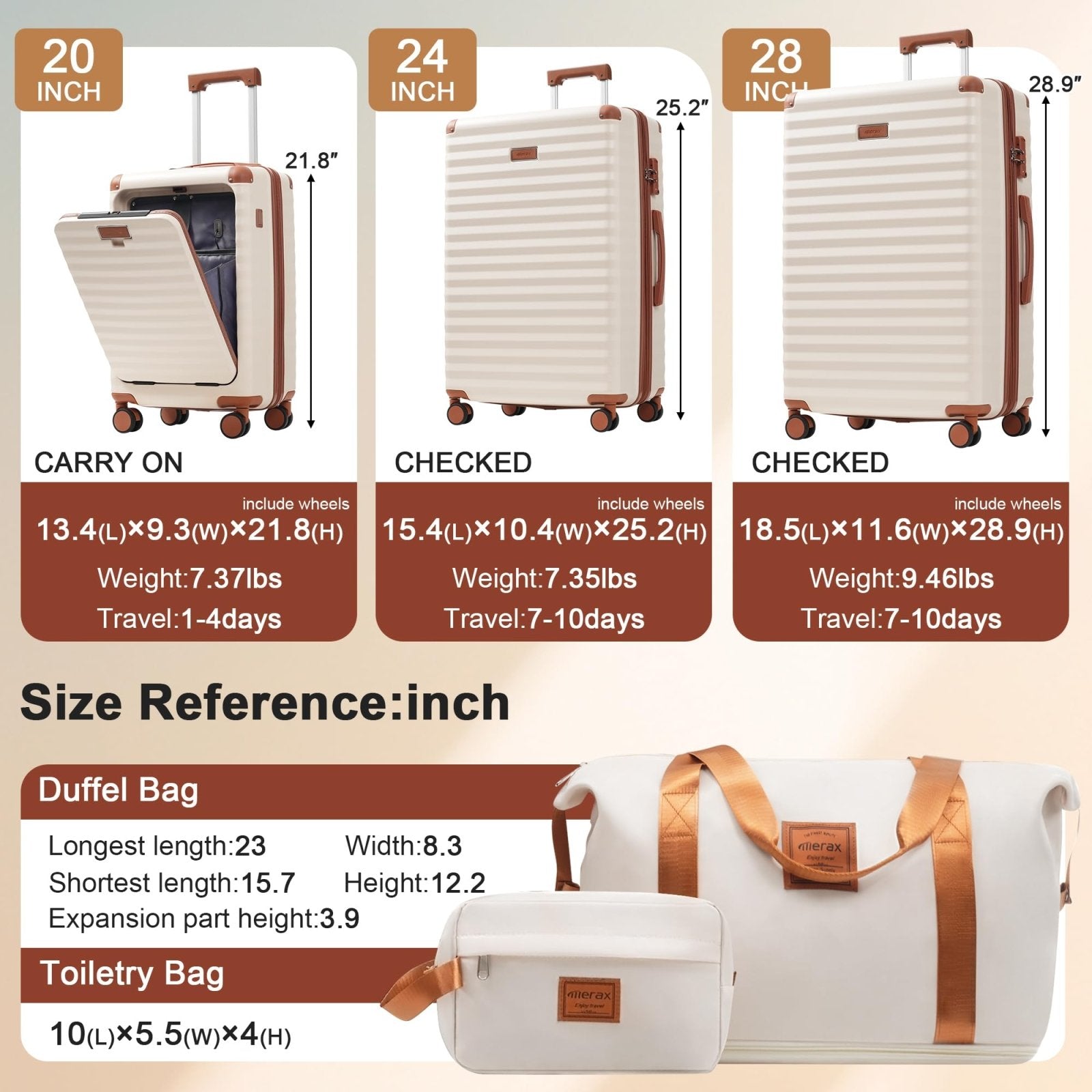 Merax Luggage Sets 5 Piece,Front Open Hardshell Expandable Suitcase with Spinner Wheels and Duffel Bags,Lightweight Carry on Luggage with USB Port and Cup Holder,20/24/28IN,White and Brown