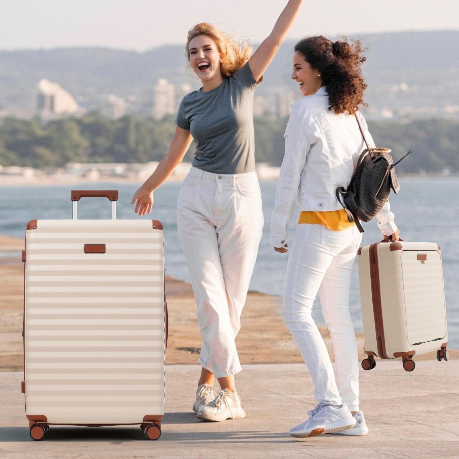 Merax Luggage Sets 5 Piece,Front Open Hardshell Expandable Suitcase with Spinner Wheels and Duffel Bags,Lightweight Carry on Luggage with USB Port and Cup Holder,20/24/28IN,White and Brown