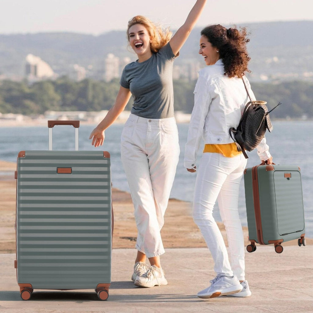 Merax Luggage Sets 5 Piece,Front Open Hardshell Expandable Suitcase with Spinner Wheels and Duffel Bags,Lightweight Carry on Luggage with USB Port and Cup Holder,20/24/28IN,Grey Green