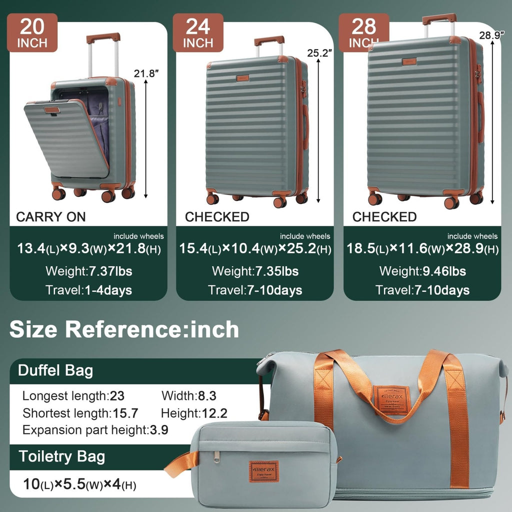 Merax Luggage Sets 5 Piece,Front Open Hardshell Expandable Suitcase with Spinner Wheels and Duffel Bags,Lightweight Carry on Luggage with USB Port and Cup Holder,20/24/28IN,Grey Green