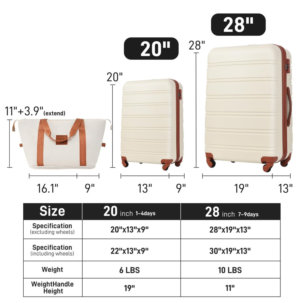 Merax Luggage Sets Carry on Suitcase Airline Approved,Hard Case Expandable Spinner Wheels, White and Brown, 3 - Piece Set(20+28IN+Bag)