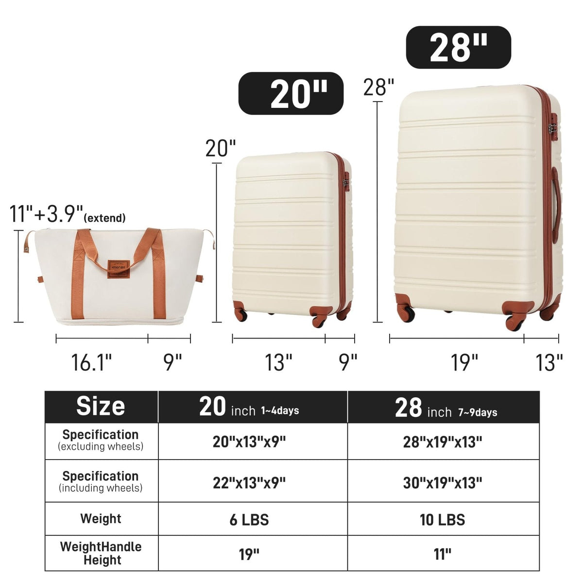 Merax Luggage Sets Carry on Suitcase Airline Approved,Hard Case Expandable Spinner Wheels, White and Brown, 3 - Piece Set(20+28IN+Bag)