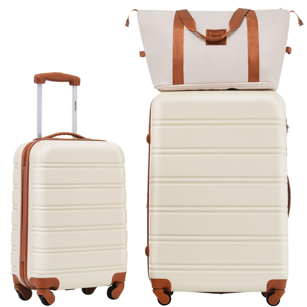 Merax Luggage Sets Carry on Suitcase Airline Approved,Hard Case Expandable Spinner Wheels, White and Brown, 3-Piece Set(20+28IN+Bag)