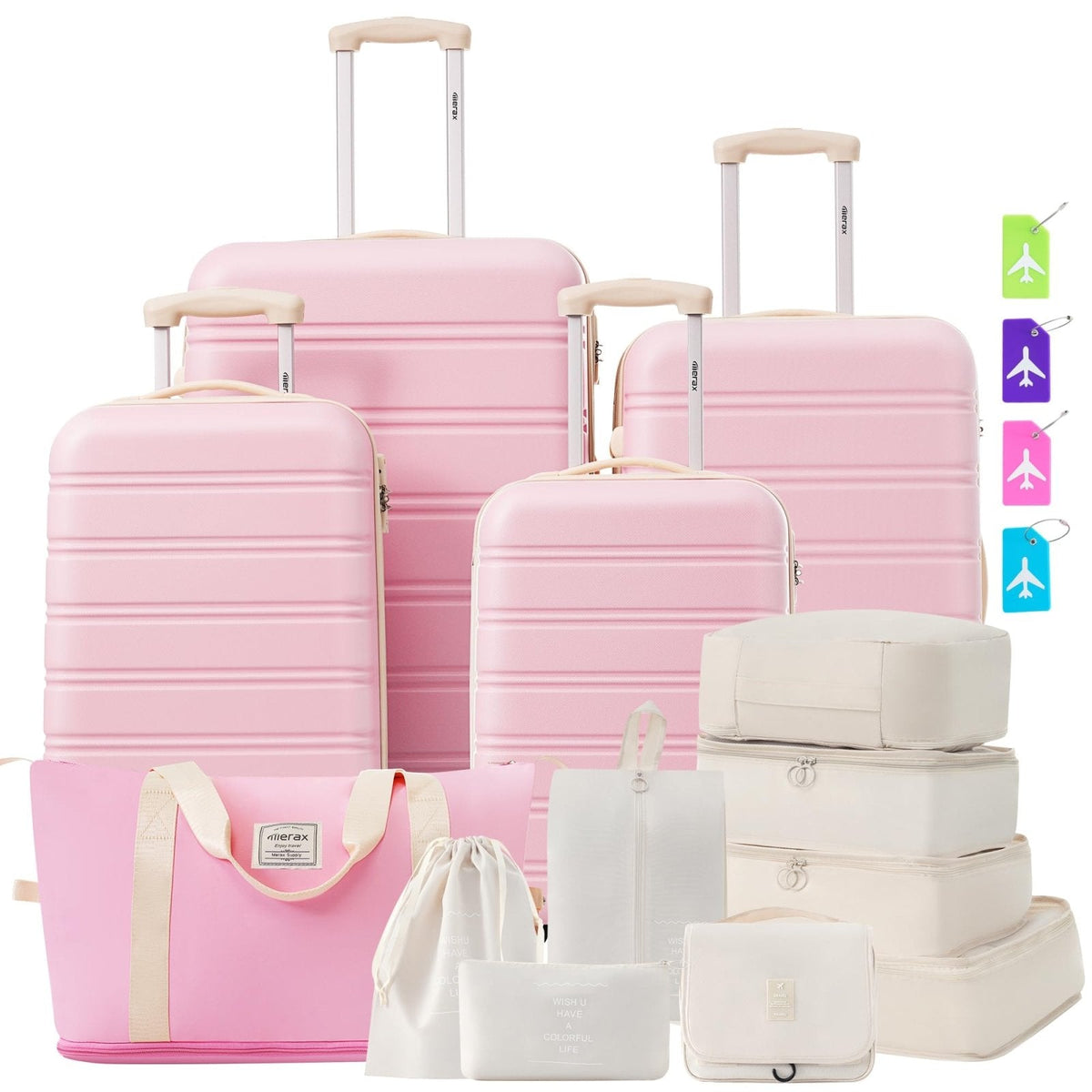 Merax Luggage sets of 13 Piece 16 20 20 28 IN Carry on Luggage Hard Case Light Pink Luggage Expandable Checked Luggage Suitcase Set with Wheels