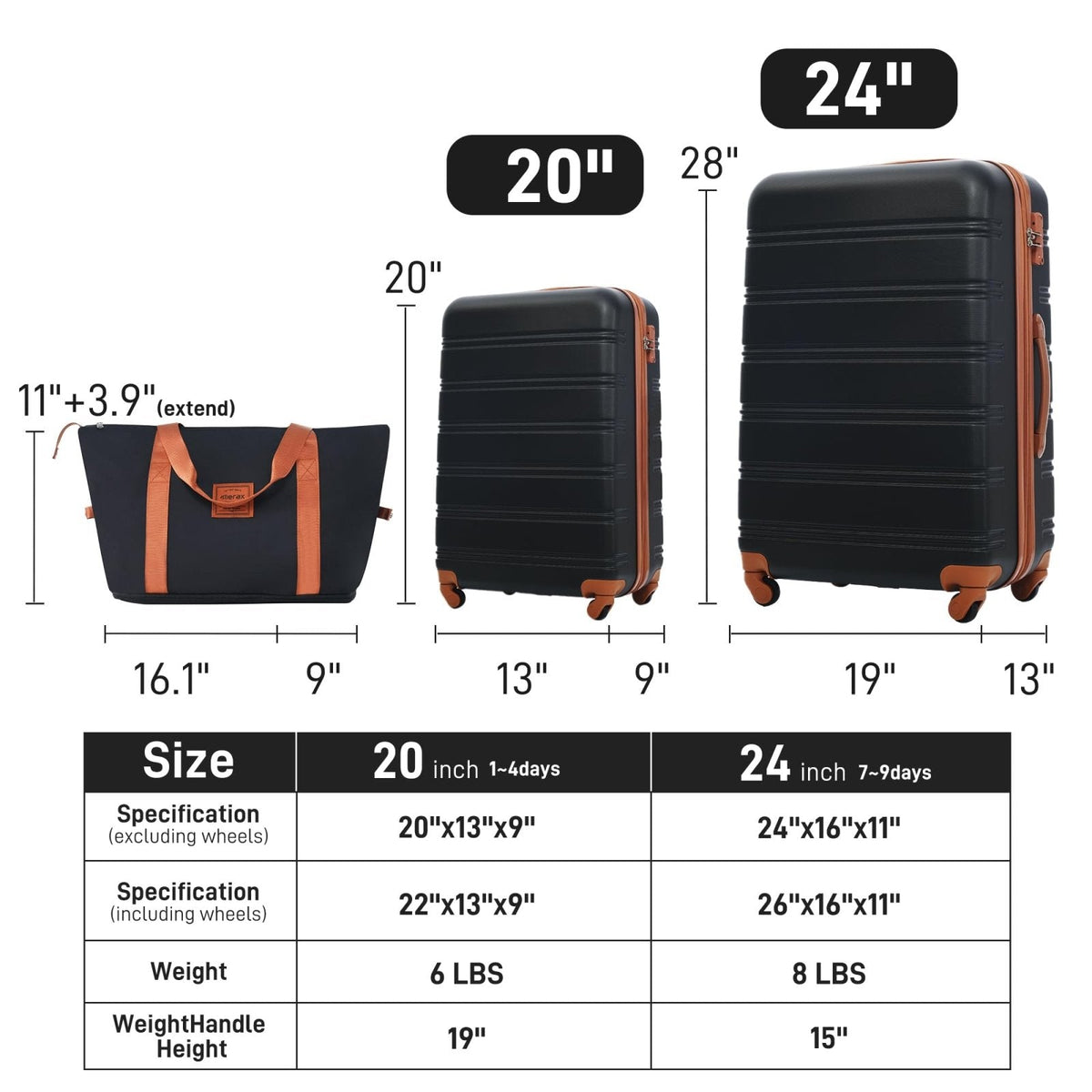 Merax Luggage sets of 3 Piece 20 24 IN Carry on Luggage Hard Case Black and Brown Luggage Expandable Checked Luggage Suitcase Set with Wheels