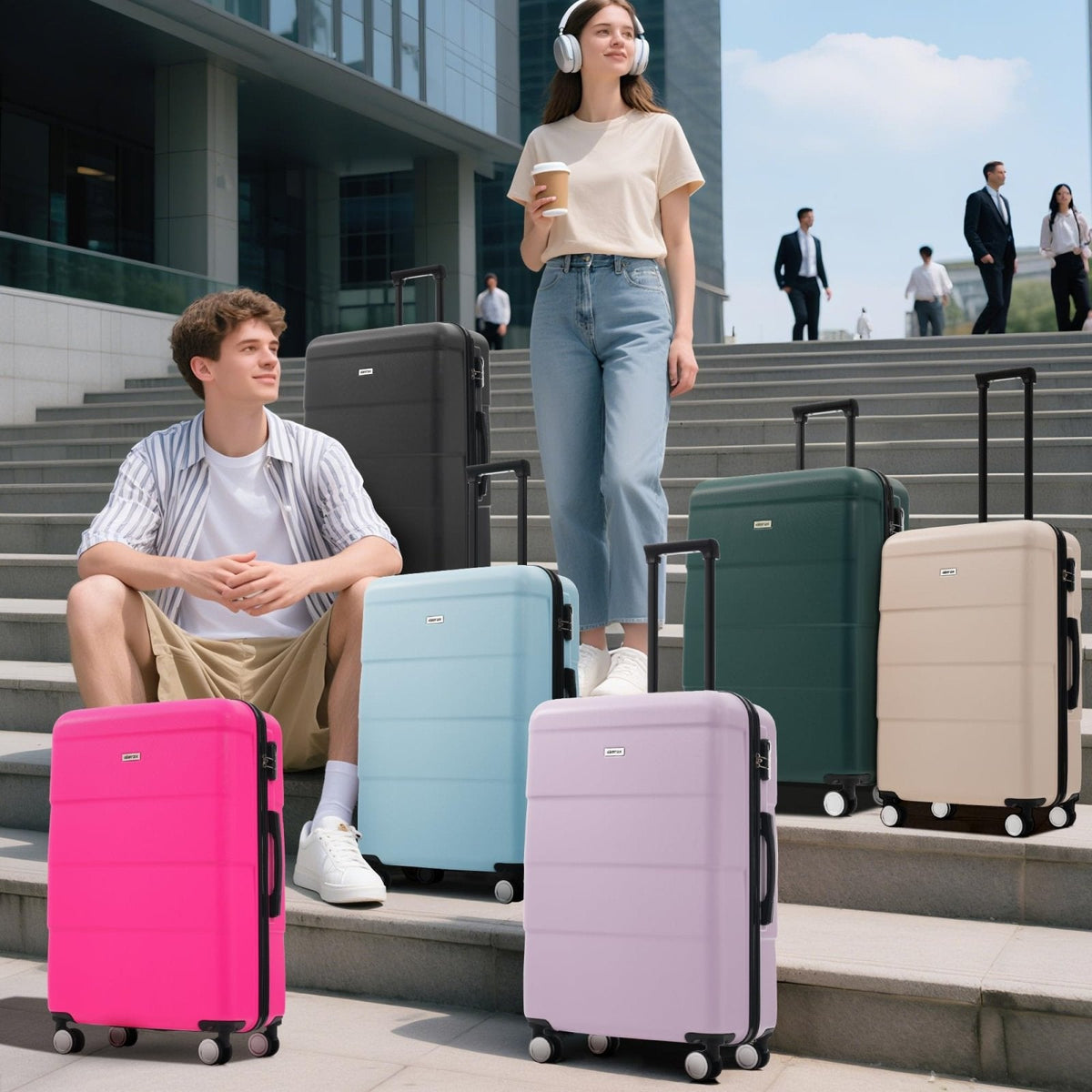 Merax Luggage Sets,ABS Durable Hardcase Suitcase Double Wheels 3 Piece Carry on Suitcase Airline Approved,Light Blue